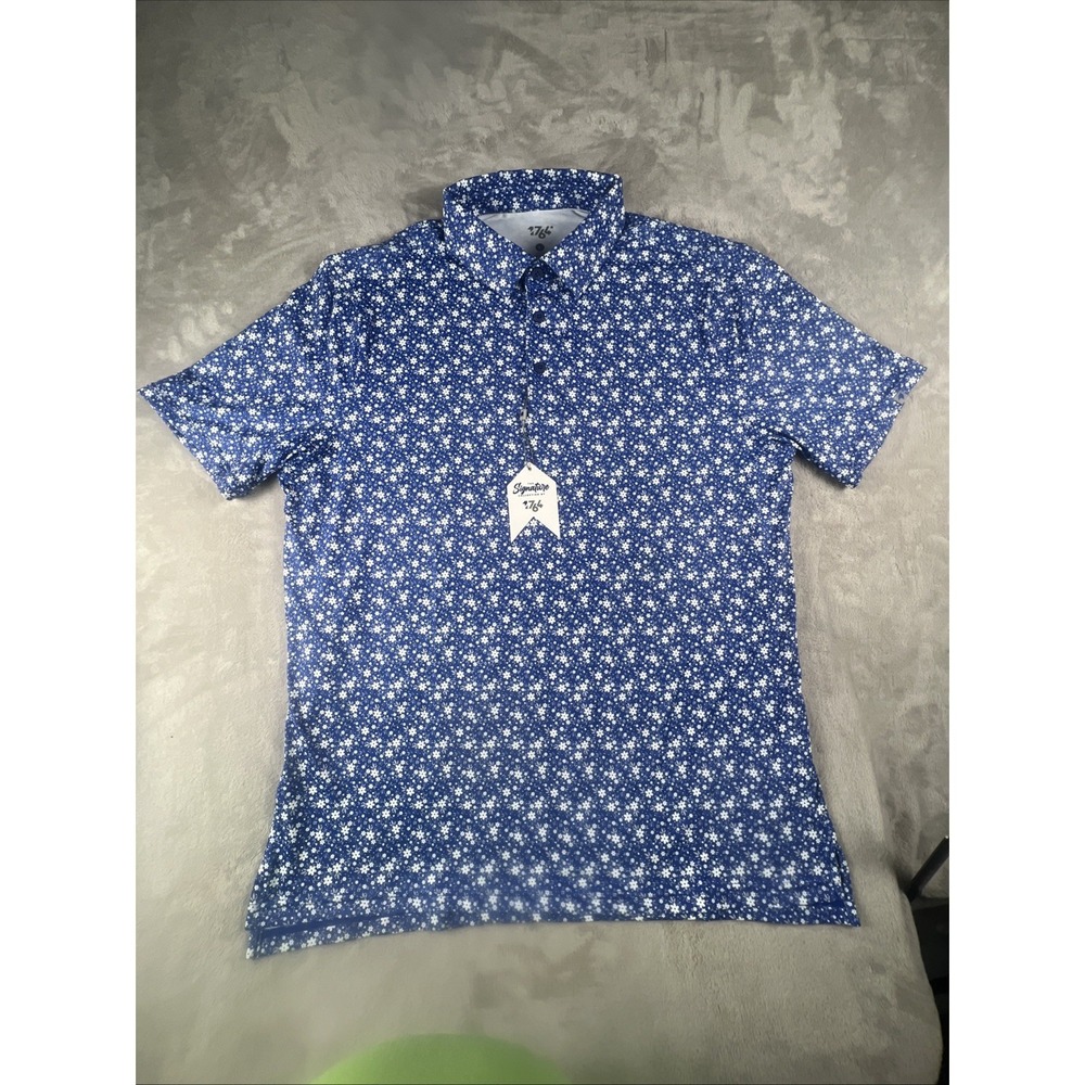 1764 Golf Mens Midnight Blue Floral Polo Shirt- Size L Short Sleeve Stretch NWT